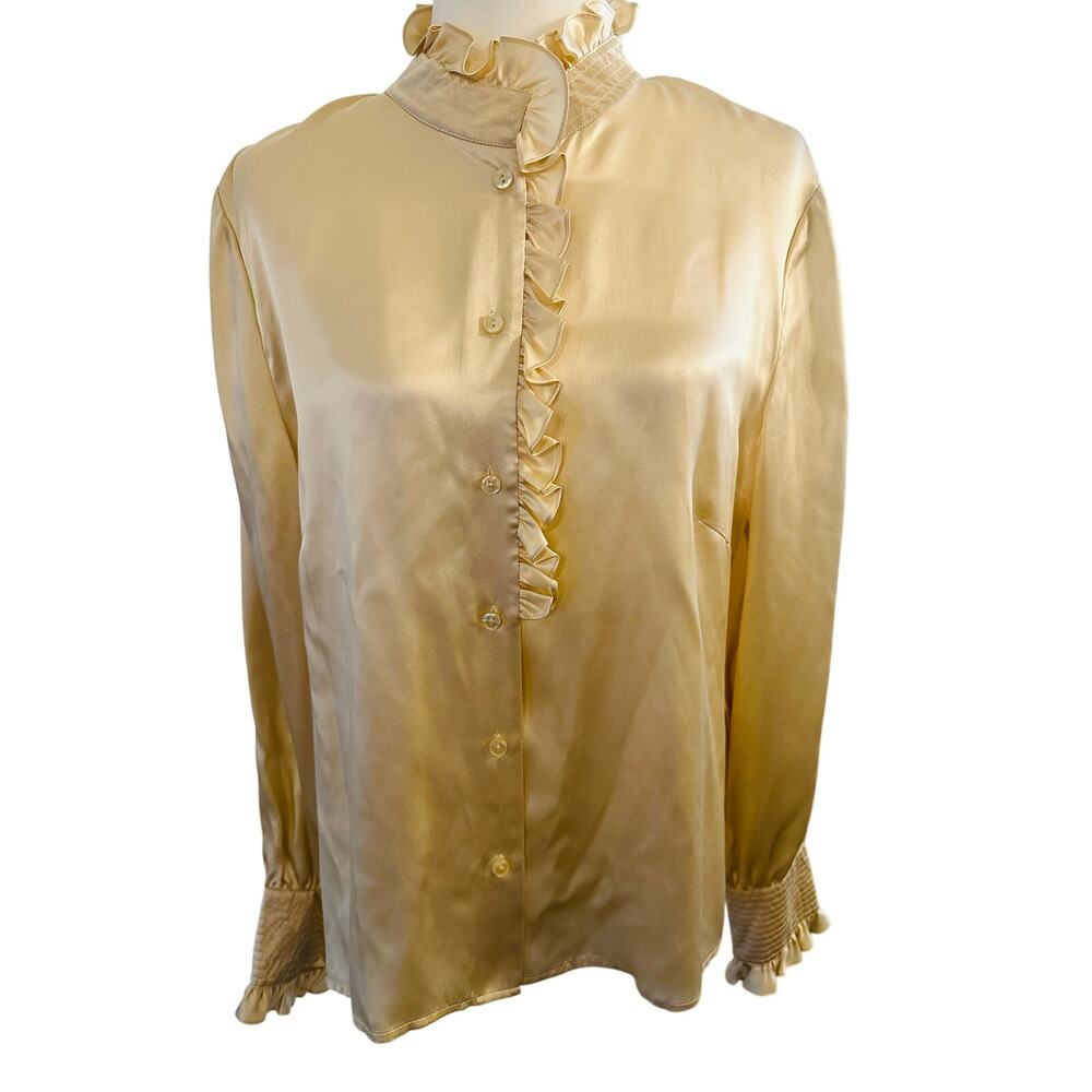Oscar de la Renta Silk Blouse Size 16 Champagne Gold Ruffle Victorian Mock Neck